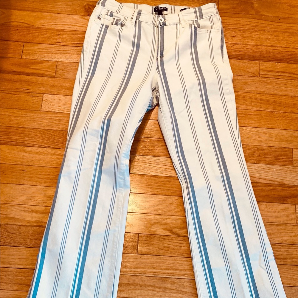Chaps Size 10 Blue/White Striped Mid Rise Boot Cut Jeans EUC